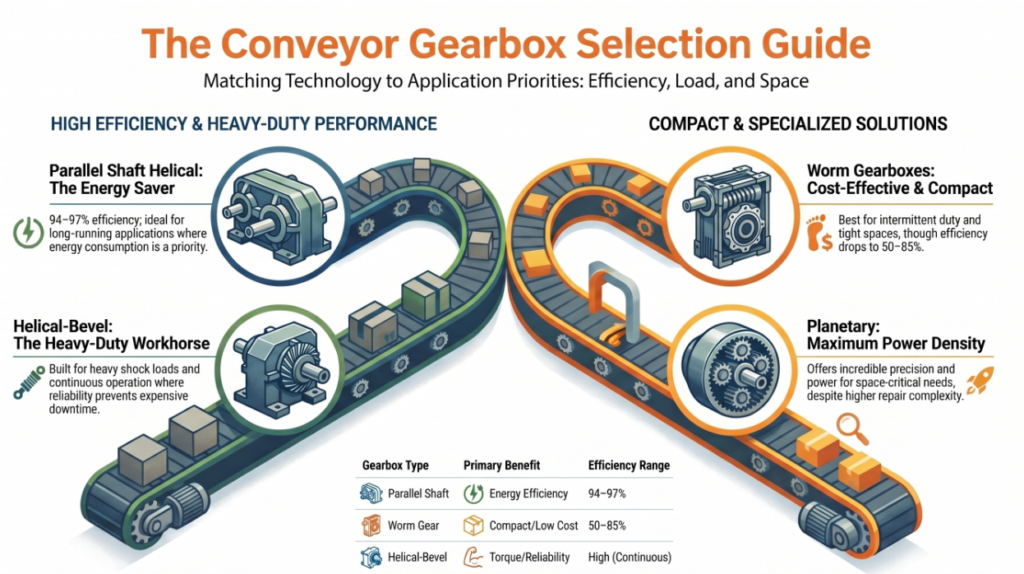 conveyor gearbox selection parallel worm helical bevel planetary