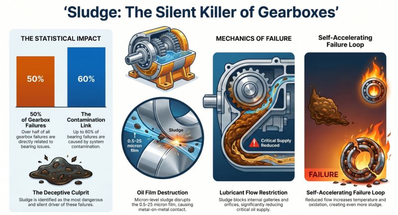 Industrial gearbox sludge contamination damaging bearing lubrication film
