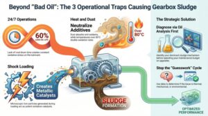 Heavy machinery gearbox sludge analysis showing lubricant degradation causes