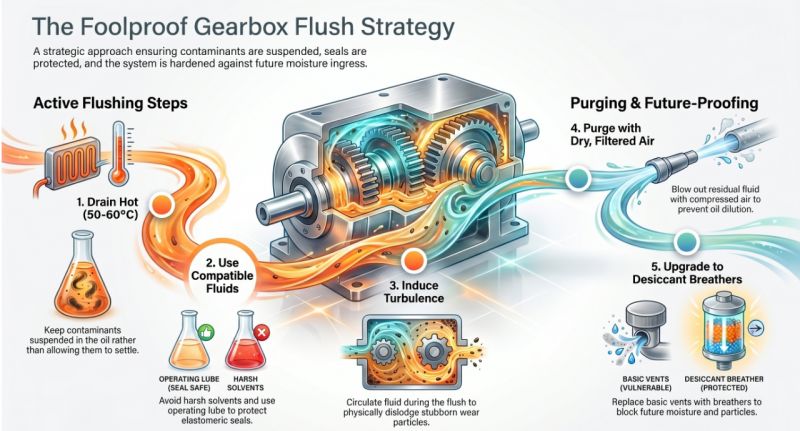 industrial gearbox flush process contaminated oil maintenance